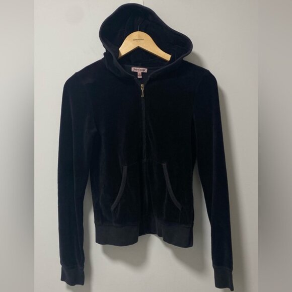 Juicy Couture Black Velour Hoodie Size M — Logo Back with Crown & Crest - Picture 3 of 9